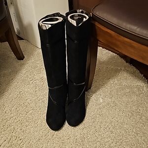 Vintage Aldo Lavorazione Artigianale Tall Suede/PATENT Black Boots sz38 3" wedge